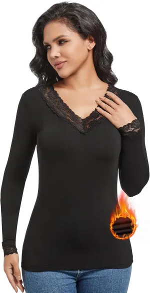 MANCYFIT Thermal Underwear for Women Long Sleeve Undershirt Lace V Neck Shirts Fleece Lined Tops Cold Weather