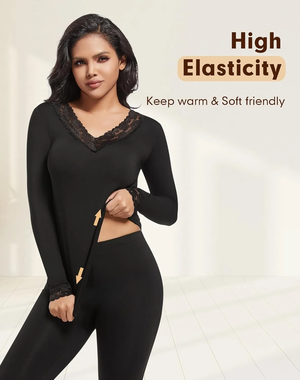 MANCYFIT Thermal Underwear for Women Long Sleeve Undershirt Lace V Neck Shirts Fleece Lined Tops Cold Weather