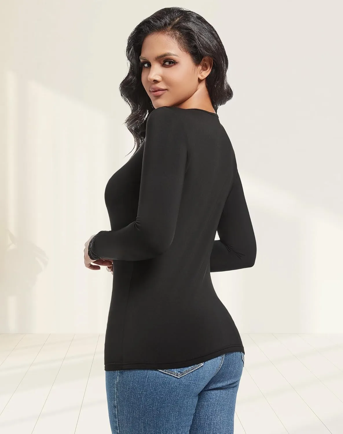 MANCYFIT Thermal Underwear for Women Long Sleeve Undershirt Lace V Neck Shirts Fleece Lined Tops Cold Weather