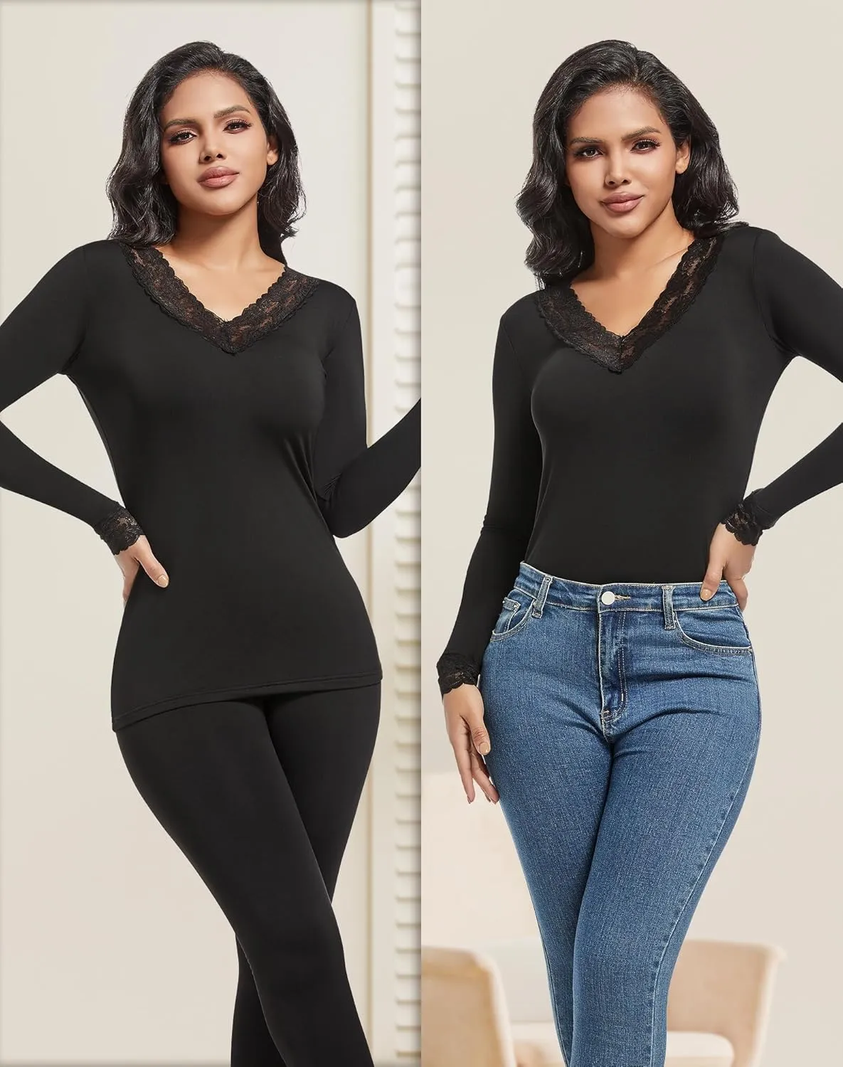 MANCYFIT Thermal Underwear for Women Long Sleeve Undershirt Lace V Neck Shirts Fleece Lined Tops Cold Weather