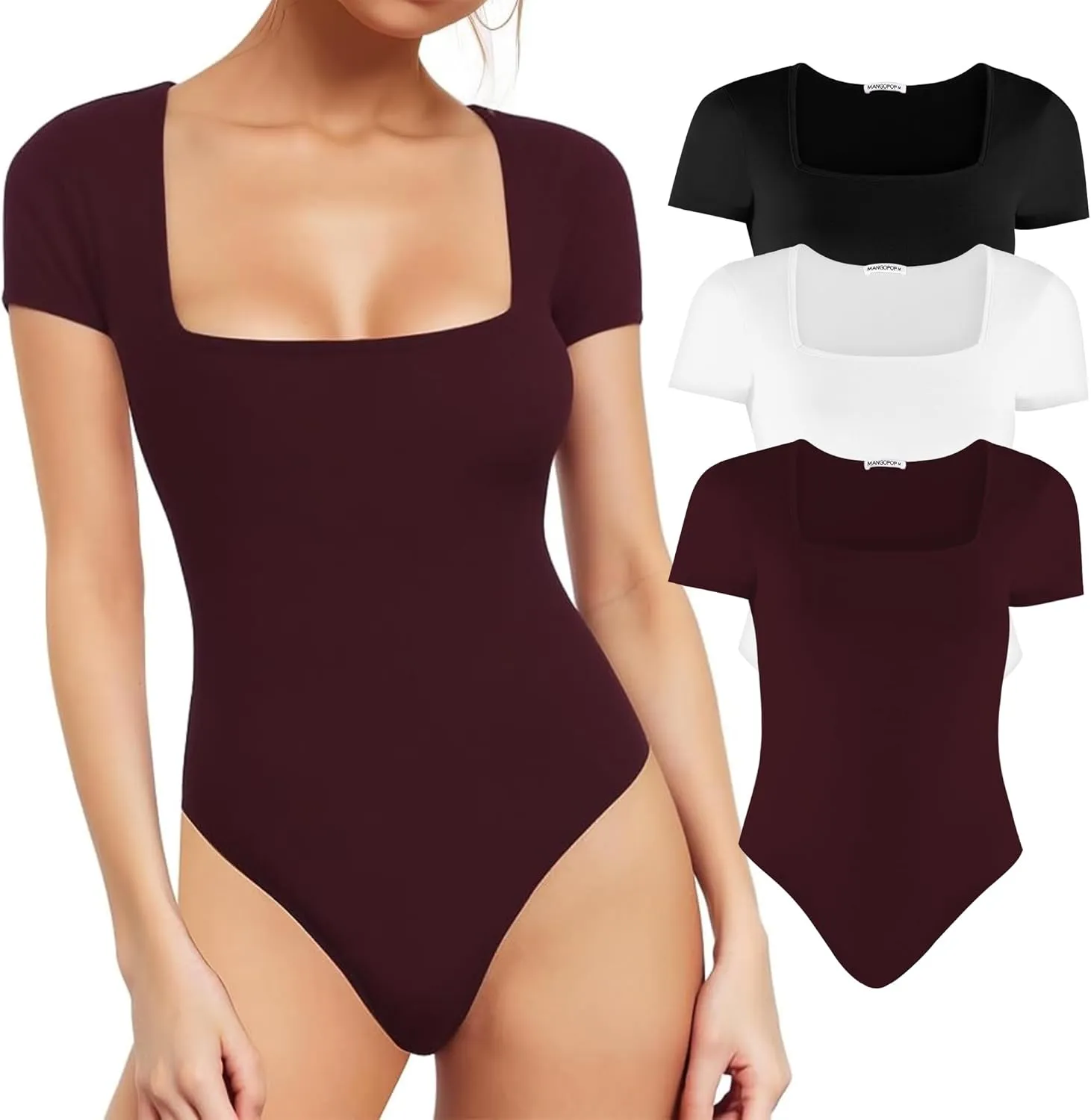 MANGOPOP Square Neck Bodysuits for Women Short Sleeve Summer Sexy Body Suits Tops