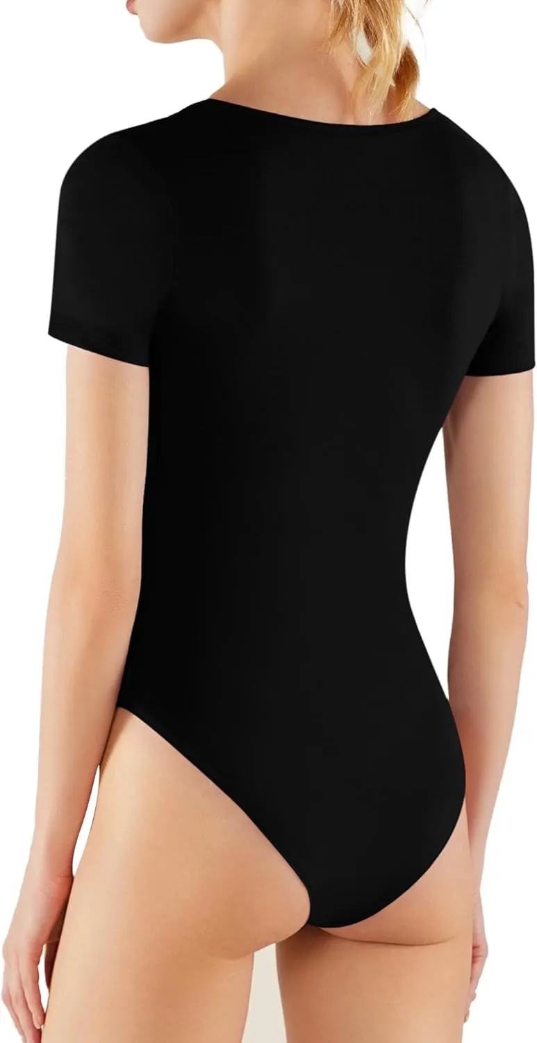 MANGOPOP Square Neck Bodysuits for Women Short Sleeve Summer Sexy Body Suits Tops