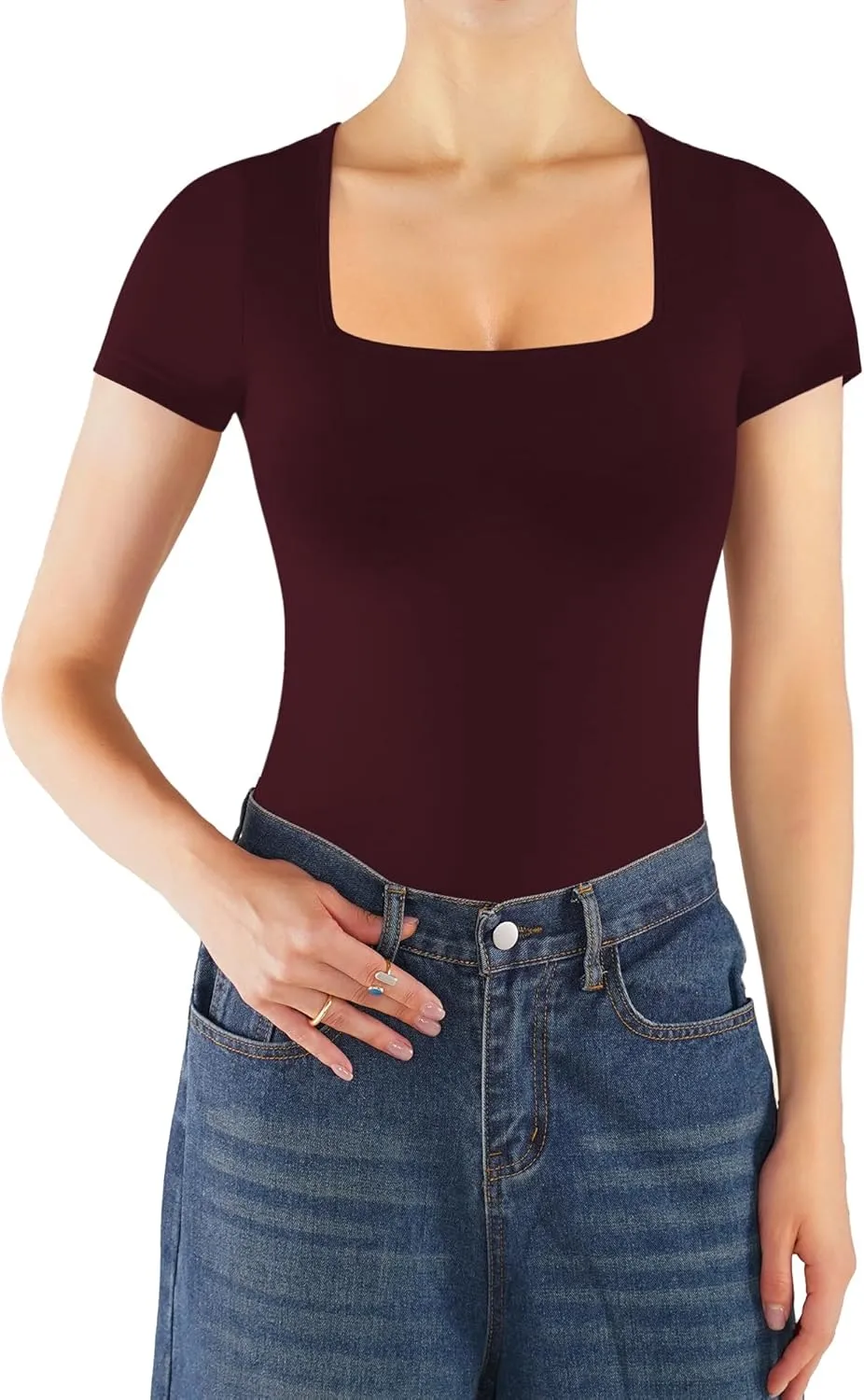 MANGOPOP Square Neck Bodysuits for Women Short Sleeve Summer Sexy Body Suits Tops