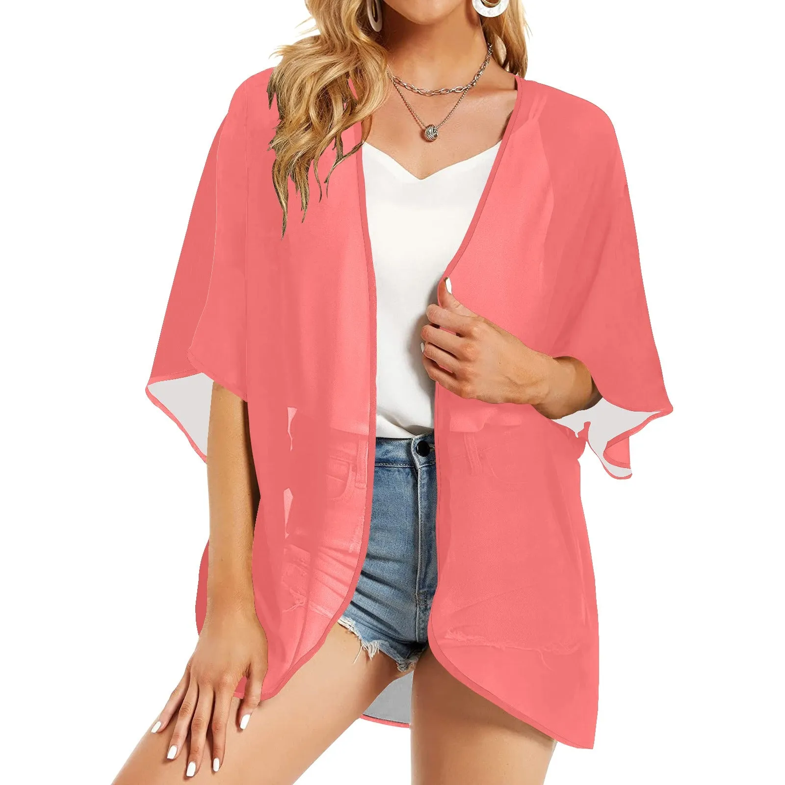 med salmon print 2 Women's Kimono Chiffon Cover Up (Model H51)