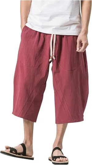 Men Cotton Harem Pants Lightweight Drawstring Elastic Waist Casual Cropped Trousers Baggy Beach Yoga Capri Pants with Pockets