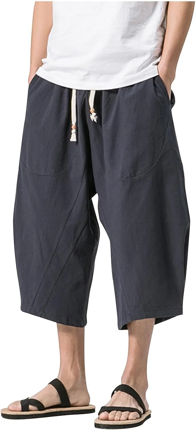 Men Cotton Harem Pants Lightweight Drawstring Elastic Waist Casual Cropped Trousers Baggy Beach Yoga Capri Pants with Pockets