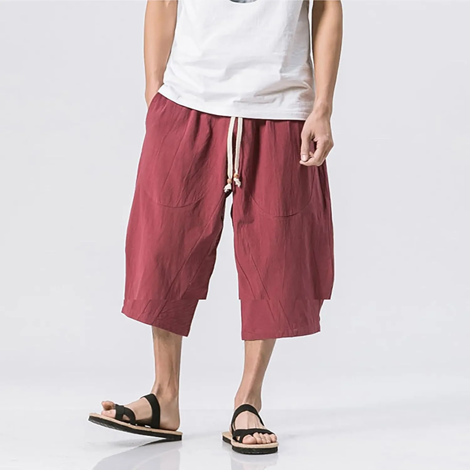 Men Cotton Harem Pants Lightweight Drawstring Elastic Waist Casual Cropped Trousers Baggy Beach Yoga Capri Pants with Pockets