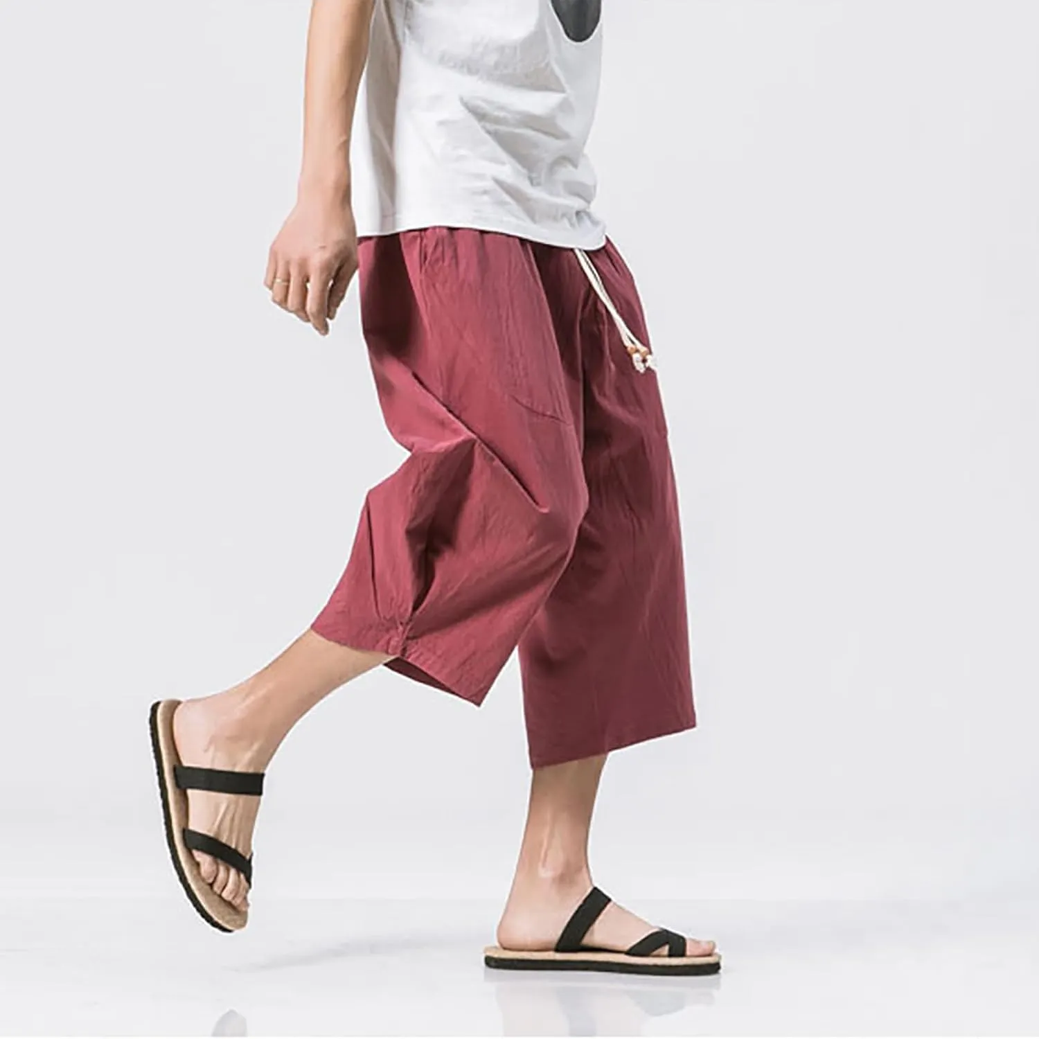Men Cotton Harem Pants Lightweight Drawstring Elastic Waist Casual Cropped Trousers Baggy Beach Yoga Capri Pants with Pockets