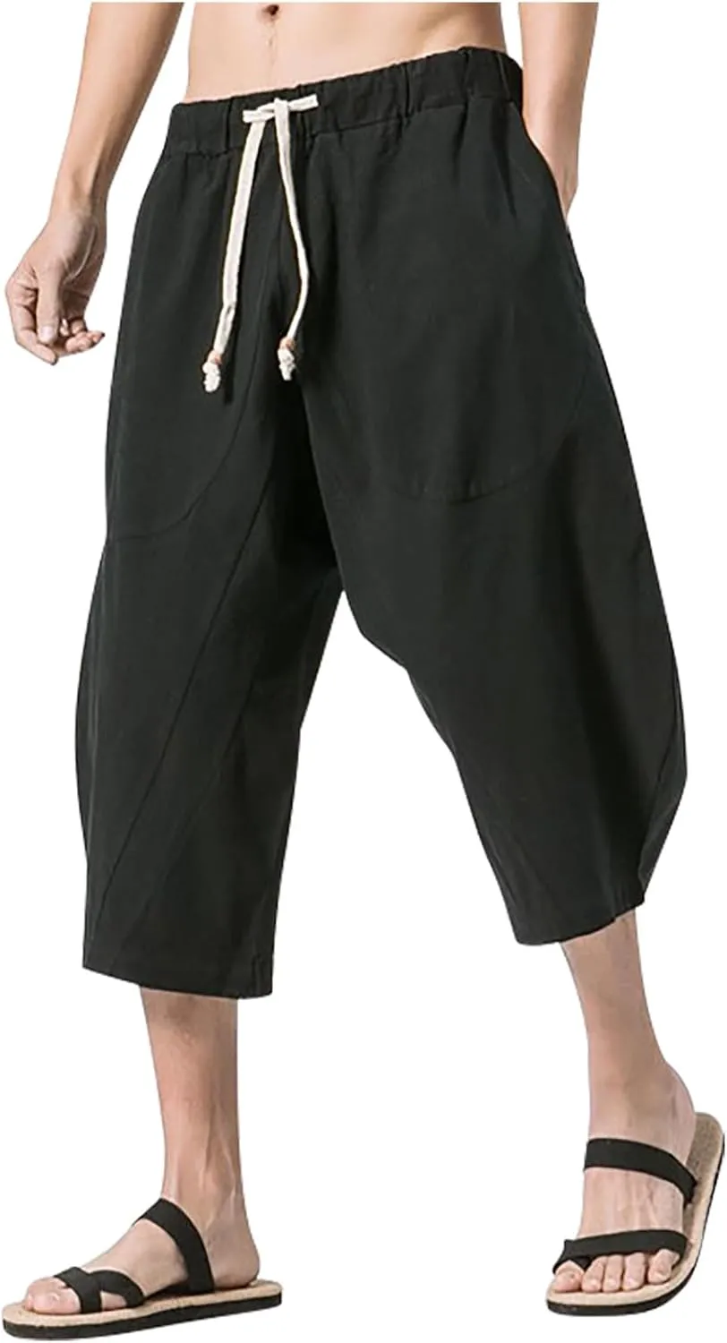 Men Cotton Harem Pants Lightweight Drawstring Elastic Waist Casual Cropped Trousers Baggy Beach Yoga Capri Pants with Pockets