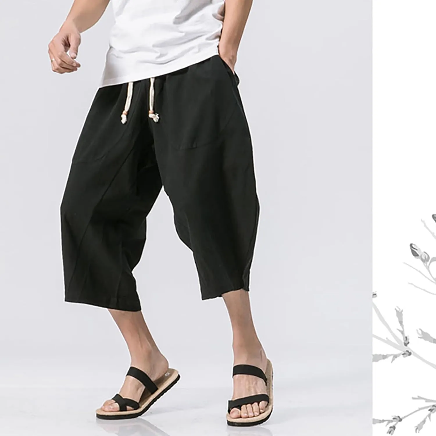 Men Cotton Harem Pants Lightweight Drawstring Elastic Waist Casual Cropped Trousers Baggy Beach Yoga Capri Pants with Pockets