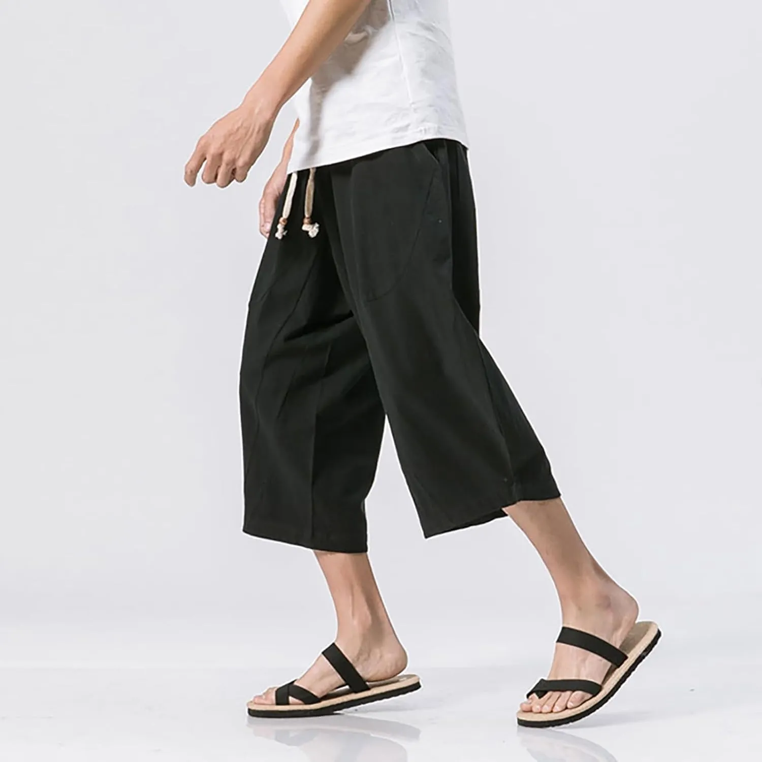 Men Cotton Harem Pants Lightweight Drawstring Elastic Waist Casual Cropped Trousers Baggy Beach Yoga Capri Pants with Pockets