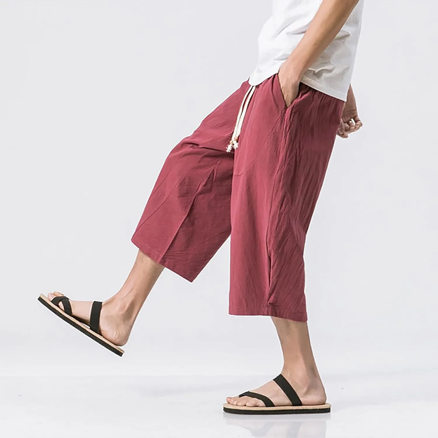 Men Cotton Harem Pants Lightweight Drawstring Elastic Waist Casual Cropped Trousers Baggy Beach Yoga Capri Pants with Pockets