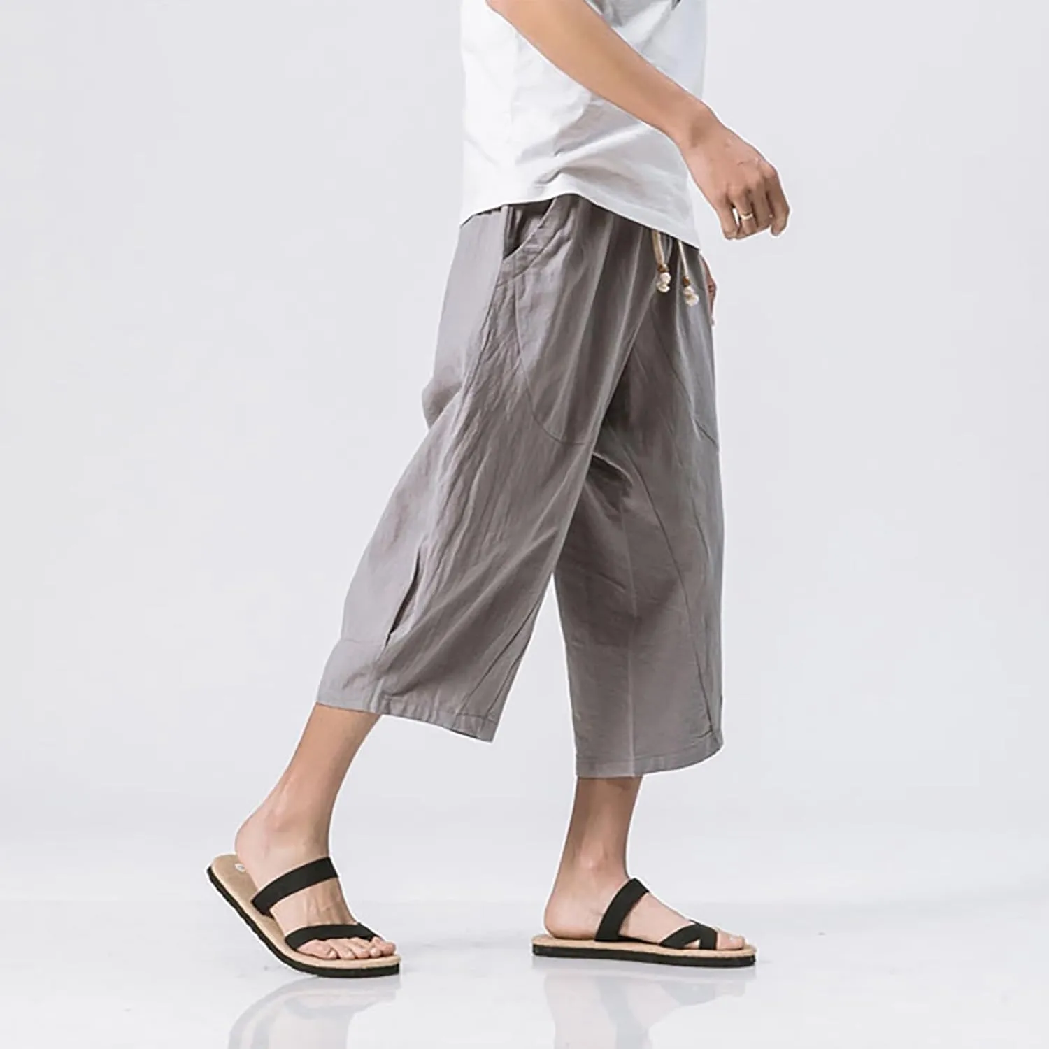 Men Cotton Harem Pants Lightweight Drawstring Elastic Waist Casual Cropped Trousers Baggy Beach Yoga Capri Pants with Pockets