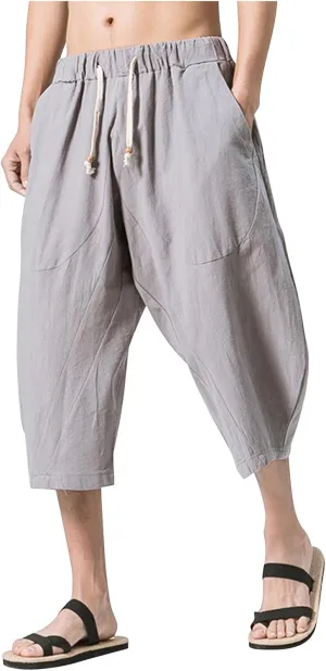 Men Cotton Harem Pants Lightweight Drawstring Elastic Waist Casual Cropped Trousers Baggy Beach Yoga Capri Pants with Pockets