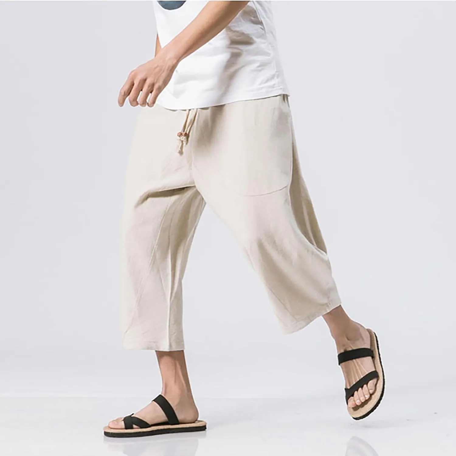 Men Cotton Harem Pants Lightweight Drawstring Elastic Waist Casual Cropped Trousers Baggy Beach Yoga Capri Pants with Pockets