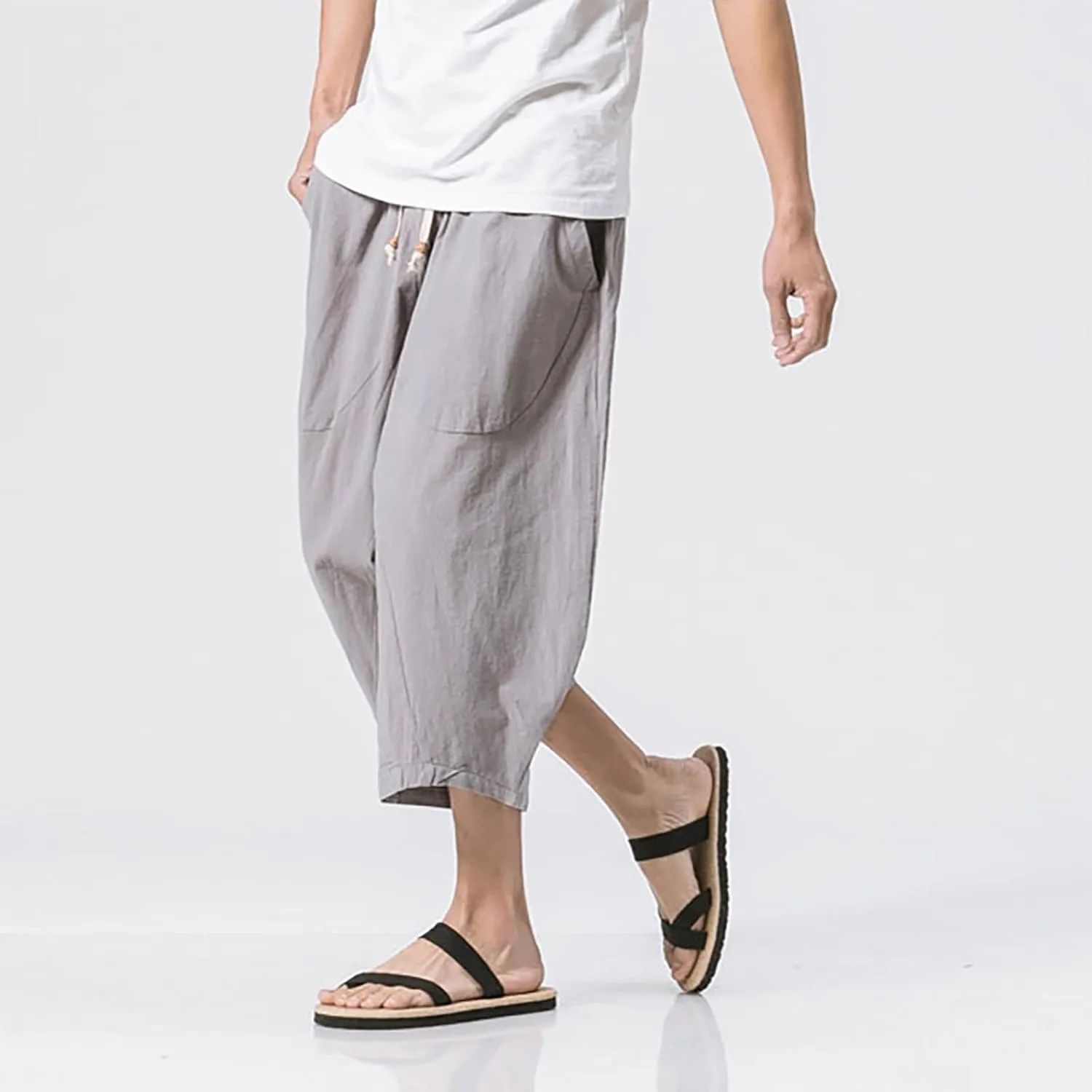 Men Cotton Harem Pants Lightweight Drawstring Elastic Waist Casual Cropped Trousers Baggy Beach Yoga Capri Pants with Pockets