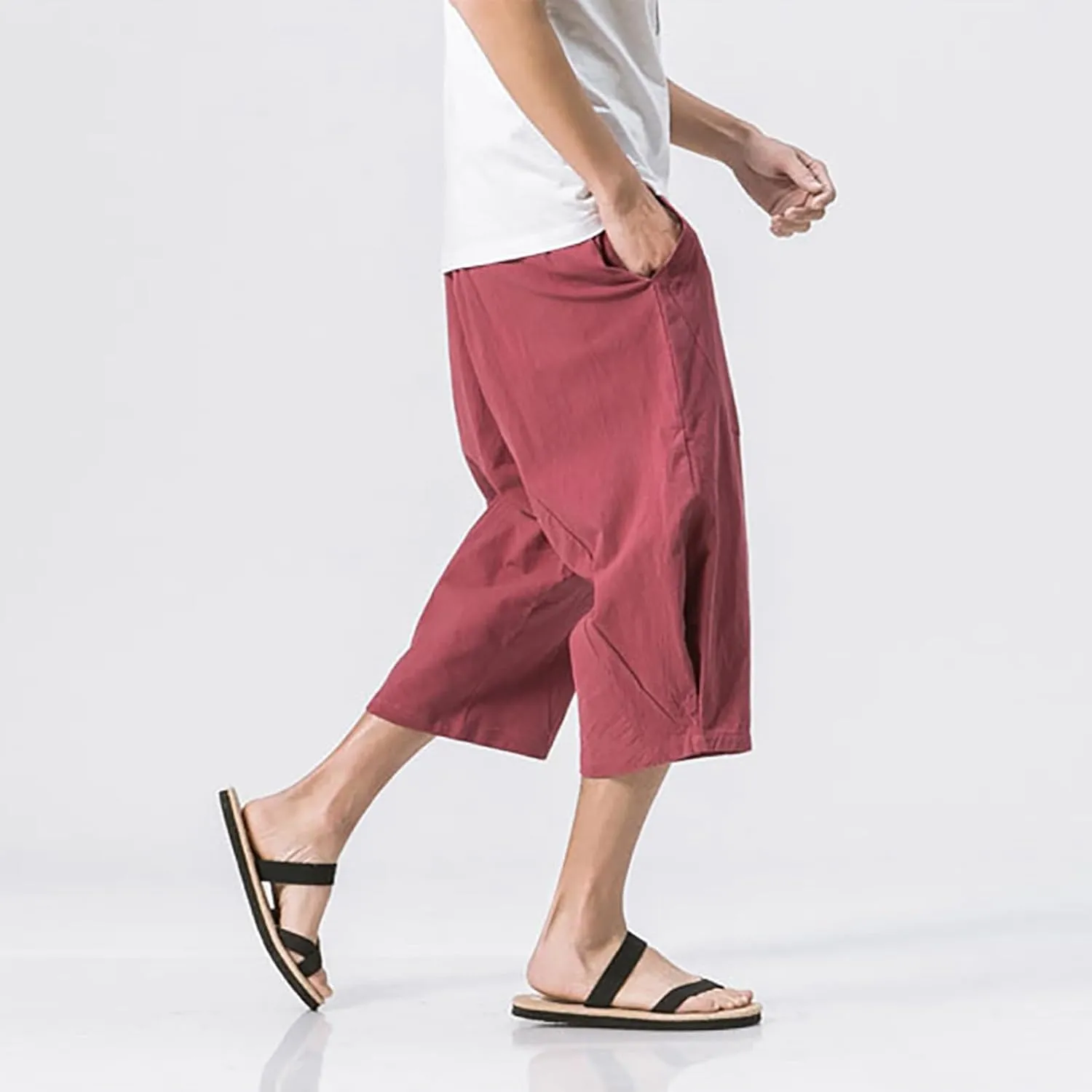 Men Cotton Harem Pants Lightweight Drawstring Elastic Waist Casual Cropped Trousers Baggy Beach Yoga Capri Pants with Pockets