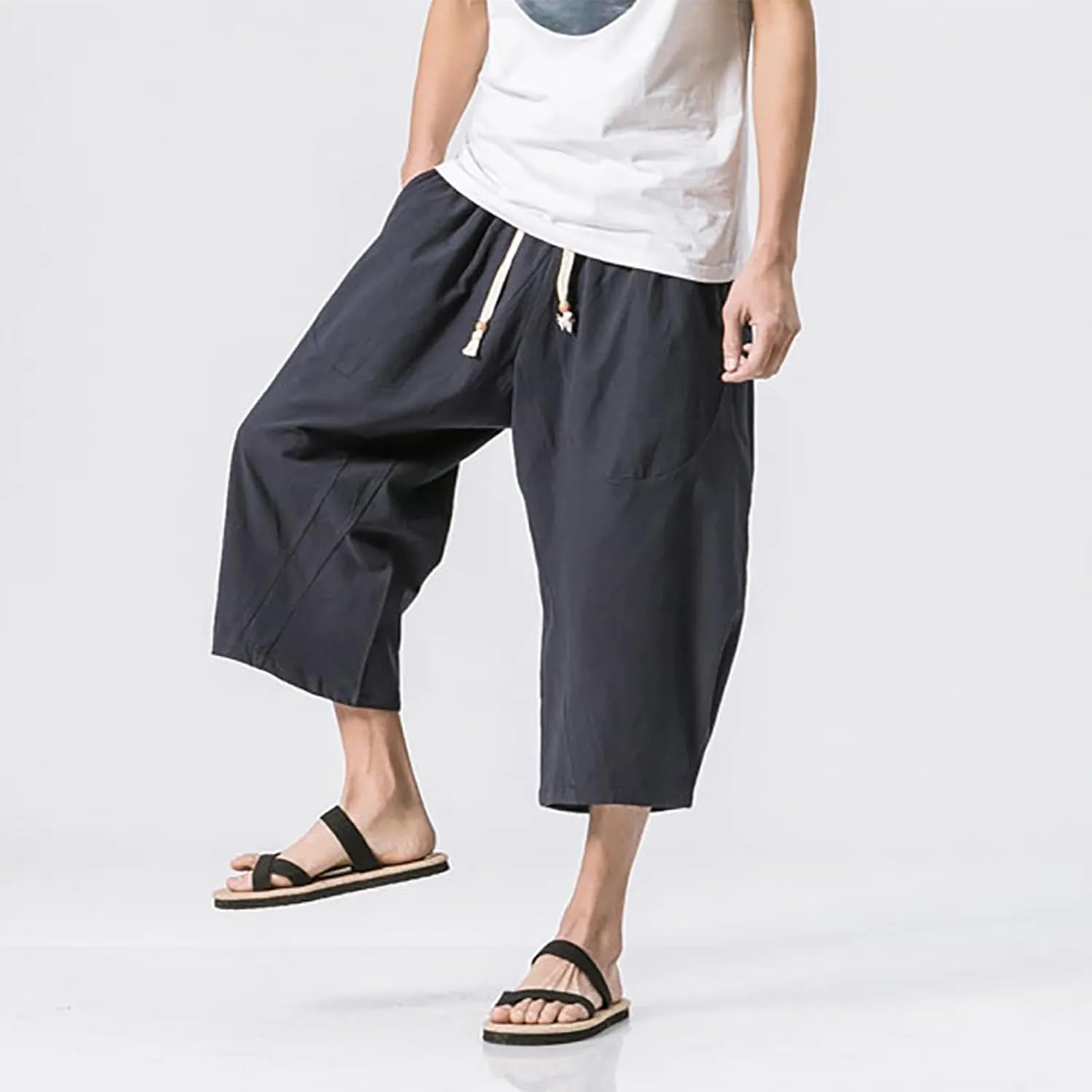 Men Cotton Harem Pants Lightweight Drawstring Elastic Waist Casual Cropped Trousers Baggy Beach Yoga Capri Pants with Pockets