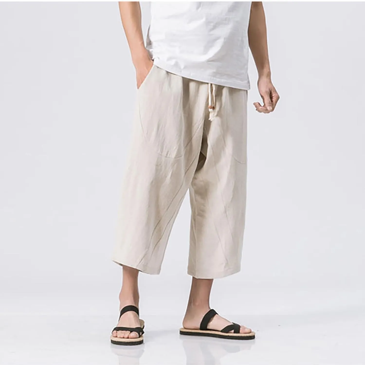 Men Cotton Harem Pants Lightweight Drawstring Elastic Waist Casual Cropped Trousers Baggy Beach Yoga Capri Pants with Pockets