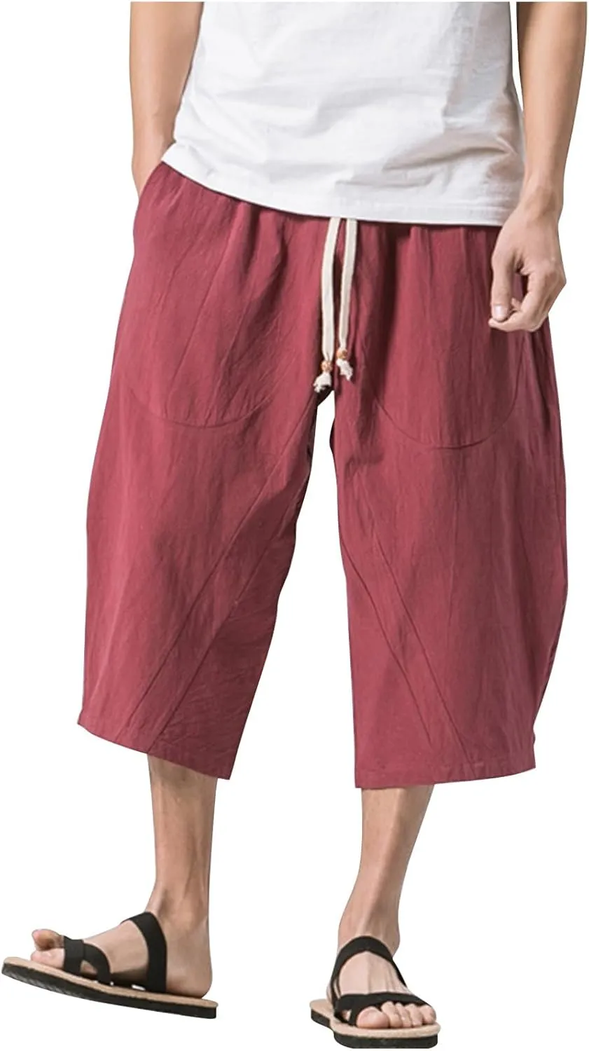 Men Cotton Harem Pants Lightweight Drawstring Elastic Waist Casual Cropped Trousers Baggy Beach Yoga Capri Pants with Pockets
