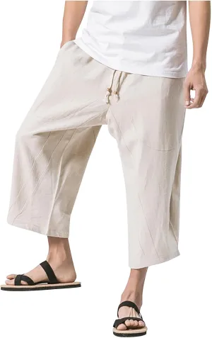 Men Cotton Harem Pants Lightweight Drawstring Elastic Waist Casual Cropped Trousers Baggy Beach Yoga Capri Pants with Pockets