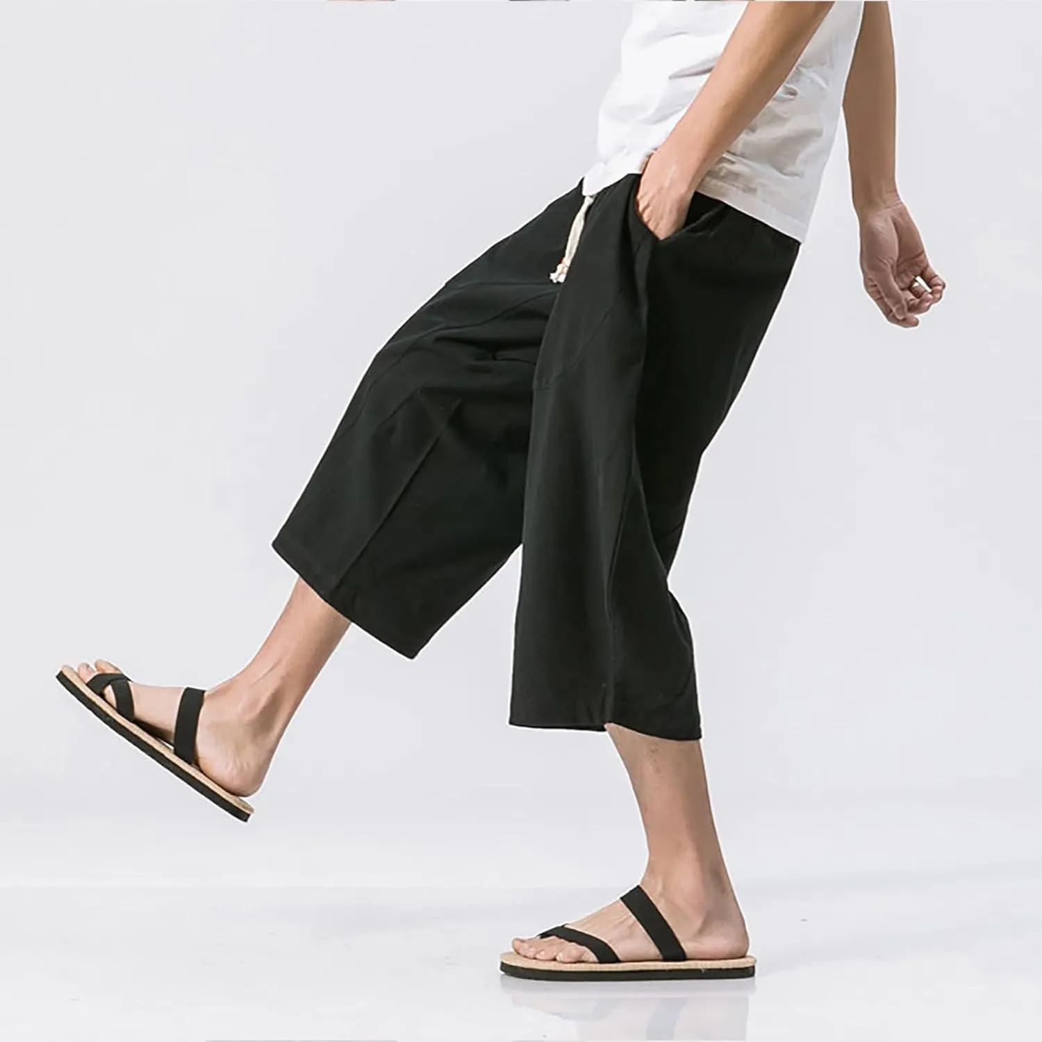 Men Cotton Harem Pants Lightweight Drawstring Elastic Waist Casual Cropped Trousers Baggy Beach Yoga Capri Pants with Pockets