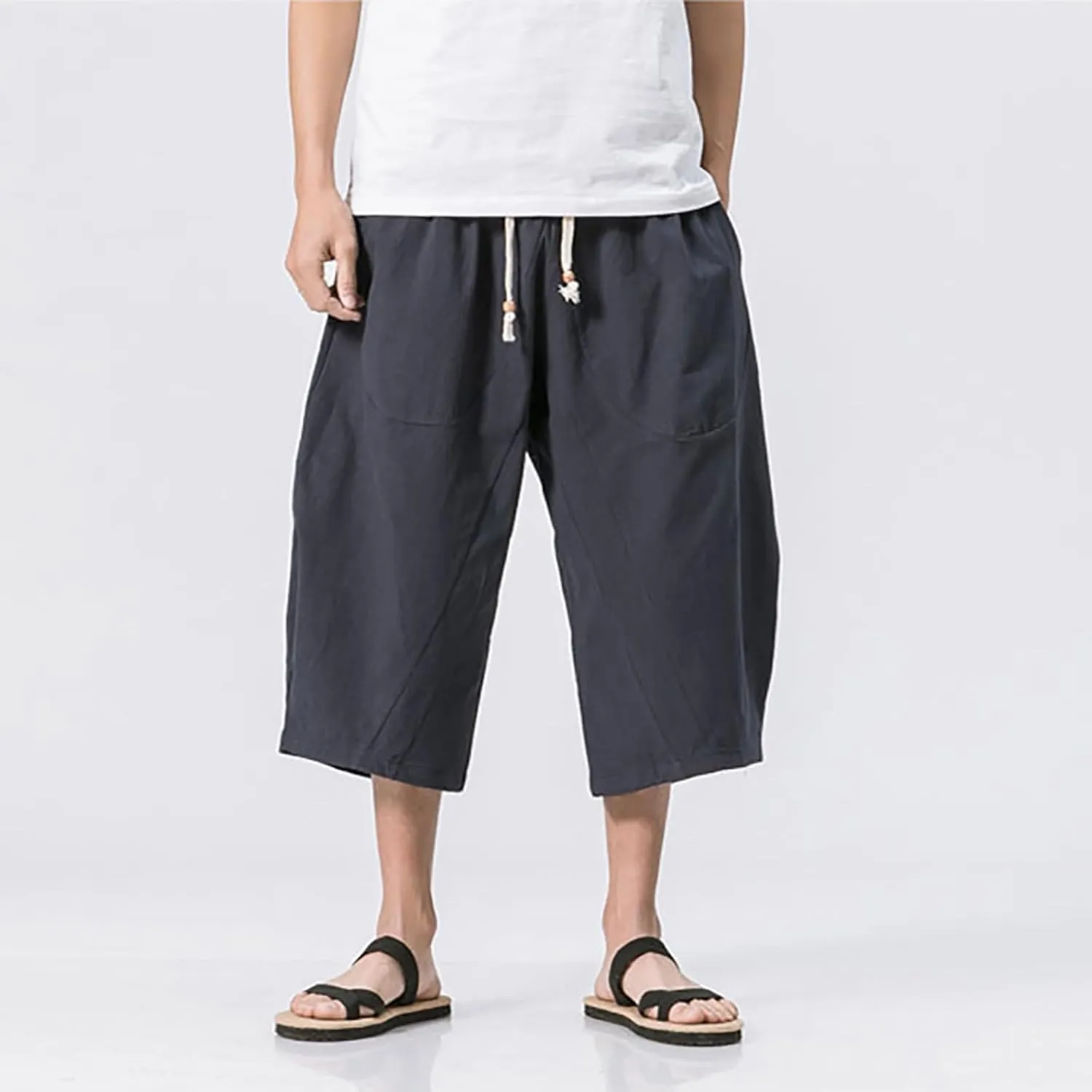 Men Cotton Harem Pants Lightweight Drawstring Elastic Waist Casual Cropped Trousers Baggy Beach Yoga Capri Pants with Pockets