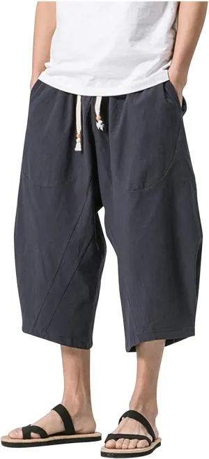 Men Cotton Harem Pants Lightweight Drawstring Elastic Waist Casual Cropped Trousers Baggy Beach Yoga Capri Pants with Pockets