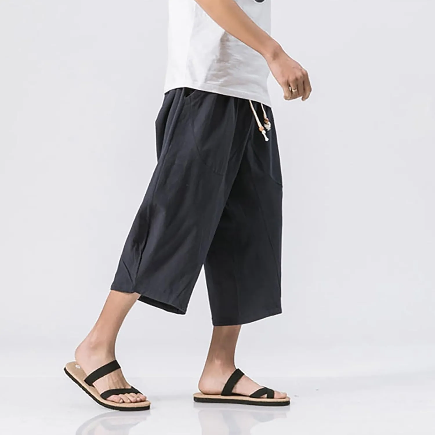 Men Cotton Harem Pants Lightweight Drawstring Elastic Waist Casual Cropped Trousers Baggy Beach Yoga Capri Pants with Pockets