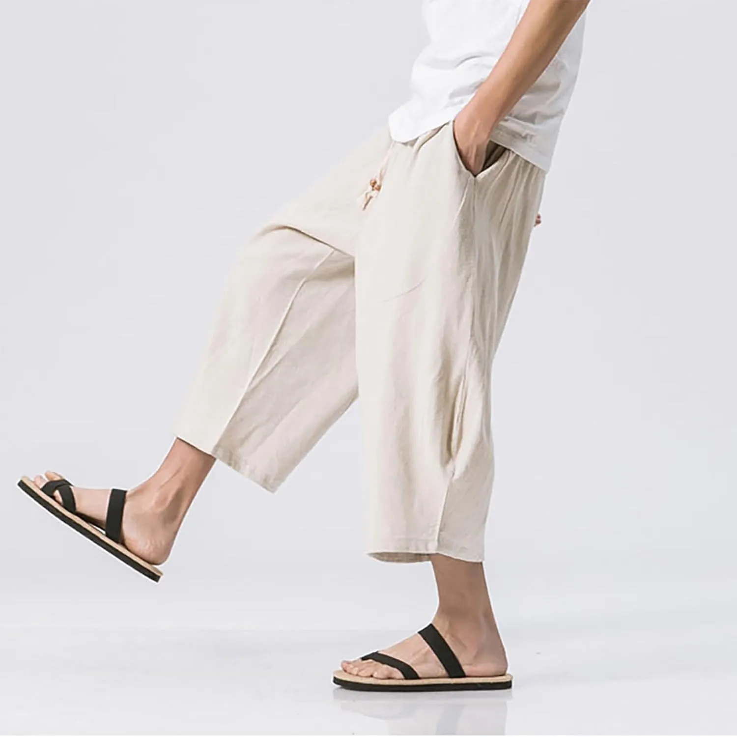 Men Cotton Harem Pants Lightweight Drawstring Elastic Waist Casual Cropped Trousers Baggy Beach Yoga Capri Pants with Pockets