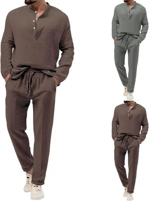 Men's 2 Pieces Cotton Linen Set Long Sleeve Henley Shirts Casual Beach Pants with Pockets Summer Yoga Outfits