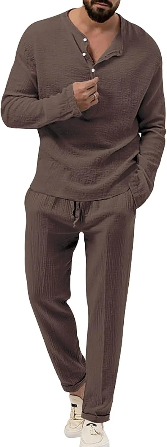 Men's 2 Pieces Cotton Linen Set Long Sleeve Henley Shirts Casual Beach Pants with Pockets Summer Yoga Outfits