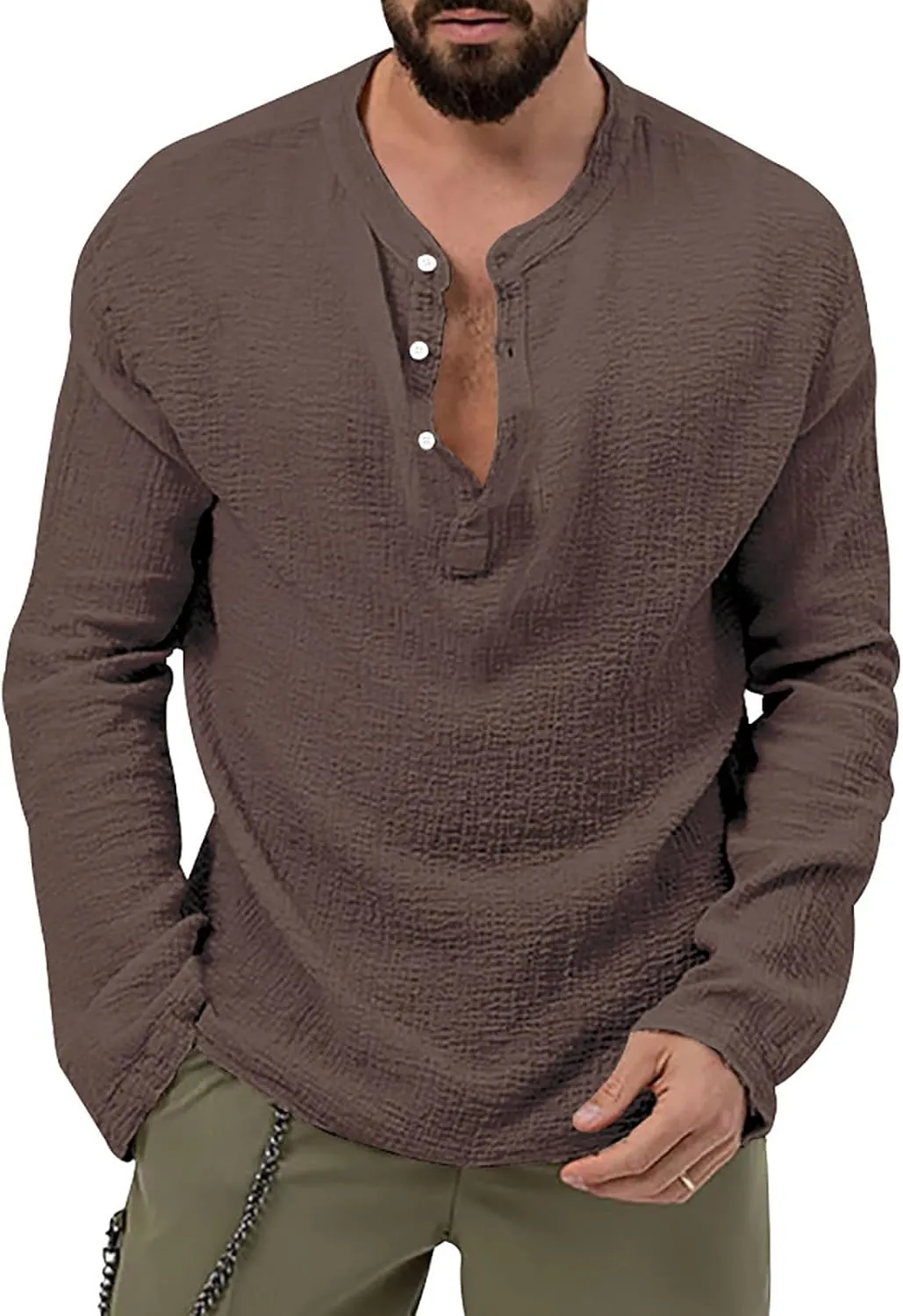 Men's 2 Pieces Cotton Linen Set Long Sleeve Henley Shirts Casual Beach Pants with Pockets Summer Yoga Outfits