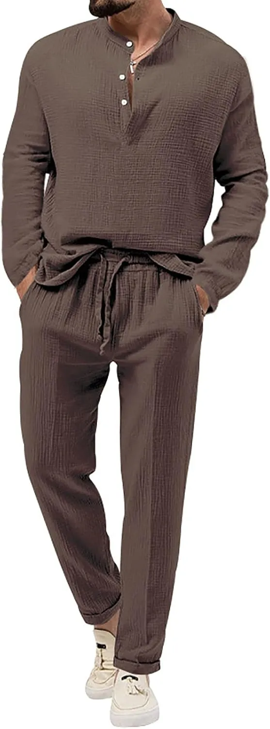 Men's 2 Pieces Cotton Linen Set Long Sleeve Henley Shirts Casual Beach Pants with Pockets Summer Yoga Outfits
