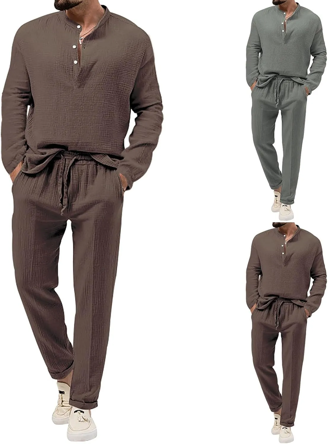 Men's 2 Pieces Cotton Linen Set Long Sleeve Henley Shirts Casual Beach Pants with Pockets Summer Yoga Outfits