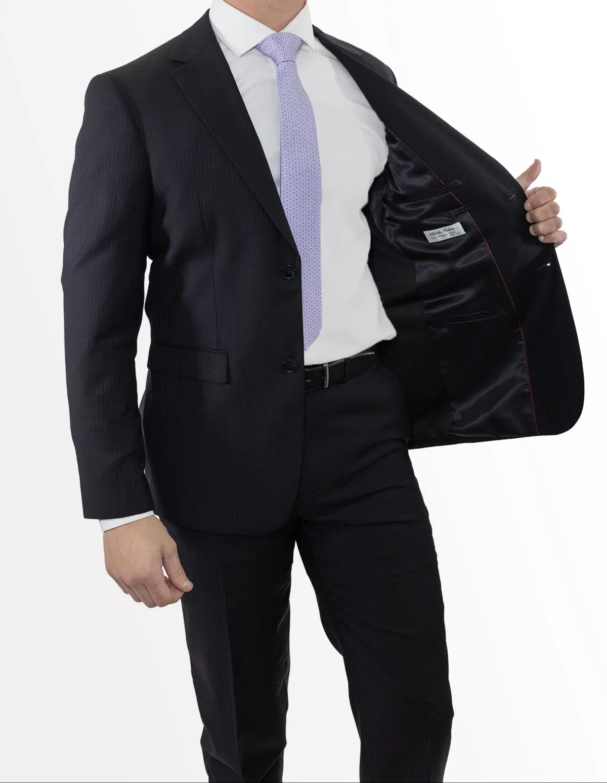 Men's Black Textured Chalk Stripe Wool Slim Fit Suit