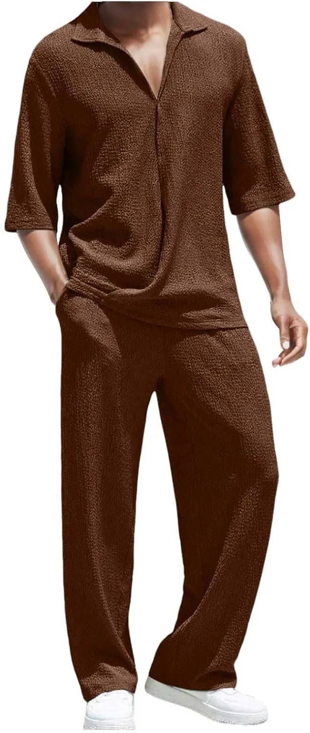 Men's Cotton Linen Set Half Sleeve Henley Shirts Casual Beach Pants Summer Yoga Outfits 2 Pieces