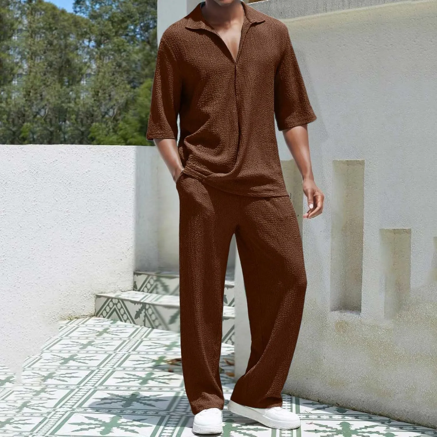 Men's Cotton Linen Set Half Sleeve Henley Shirts Casual Beach Pants Summer Yoga Outfits 2 Pieces