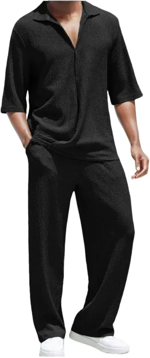 Men's Cotton Linen Set Half Sleeve Henley Shirts Casual Beach Pants Summer Yoga Outfits 2 Pieces