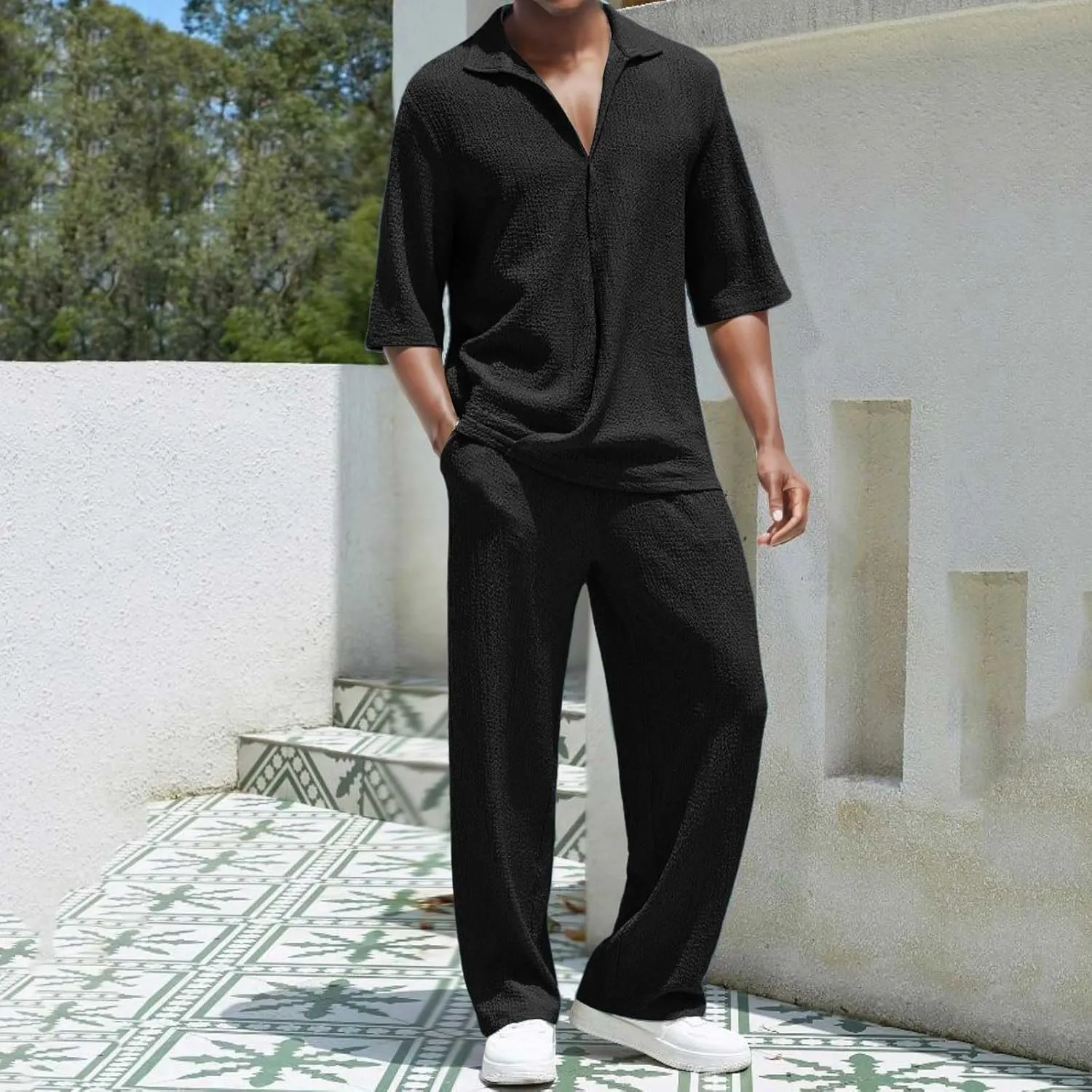 Men's Cotton Linen Set Half Sleeve Henley Shirts Casual Beach Pants Summer Yoga Outfits 2 Pieces