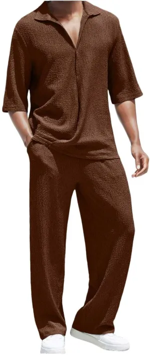 Men's Cotton Linen Set Half Sleeve Henley Shirts Casual Beach Pants Summer Yoga Outfits 2 Pieces