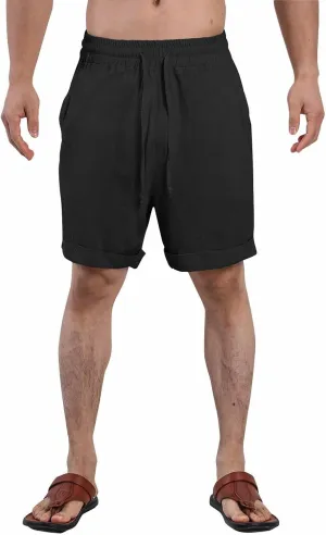 Mens Cotton Linen Shorts Knee Length Lightweight Breathable Elastic Waist Drawstring Casual Lounge Shorts