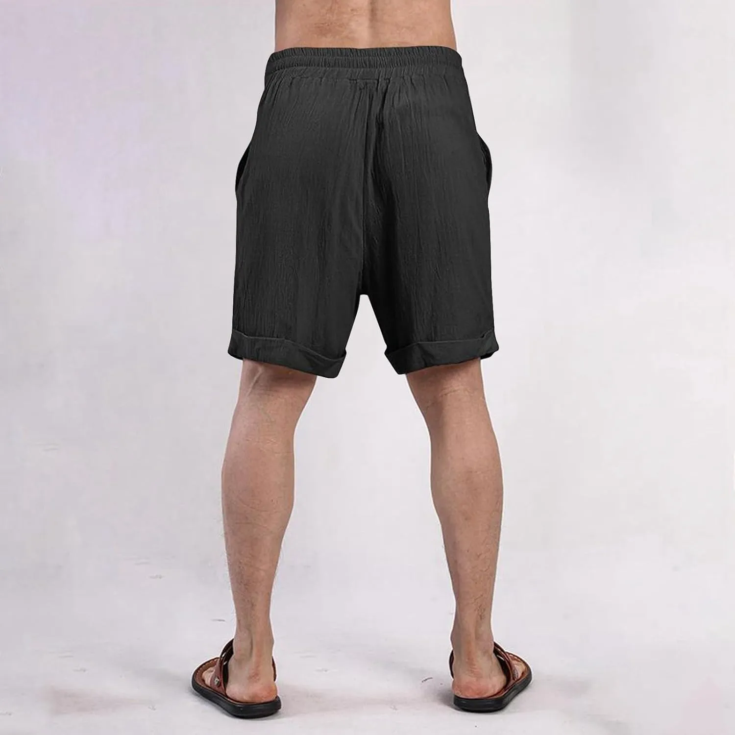 Mens Cotton Linen Shorts Knee Length Lightweight Breathable Elastic Waist Drawstring Casual Lounge Shorts