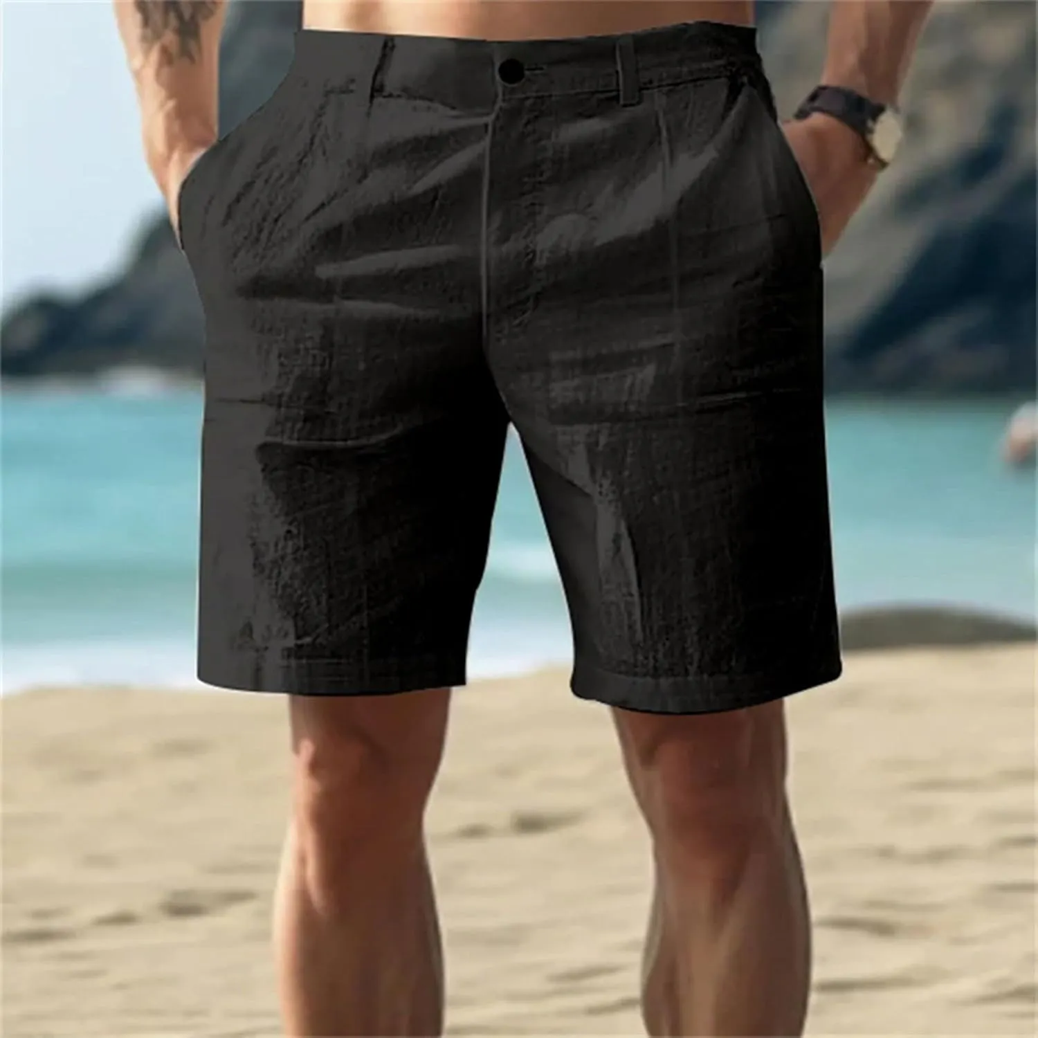 Mens Cotton Linen Shorts Solid Color Lightweight Breathable Summer Casual Lounge Shorts