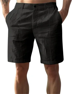 Mens Cotton Linen Shorts Solid Color Lightweight Breathable Summer Casual Lounge Shorts
