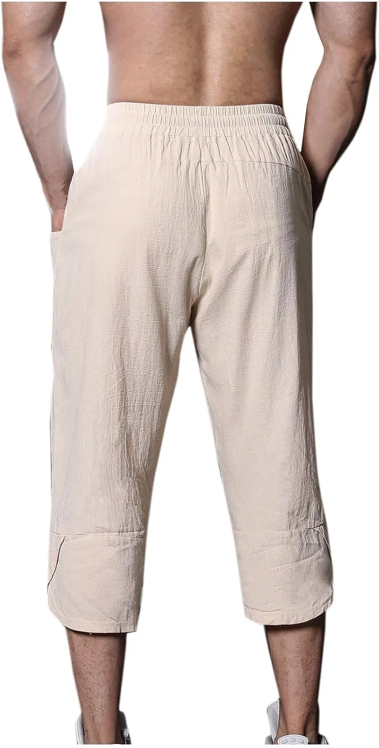 Mens Linen Capri Pants Summer Baggy Casual Beach Capris Lightweight Solid Drawstring Elastic Waist Yoga Trousers Plus