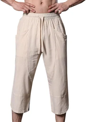 Mens Linen Capri Pants Summer Baggy Casual Beach Capris Lightweight Solid Drawstring Elastic Waist Yoga Trousers Plus