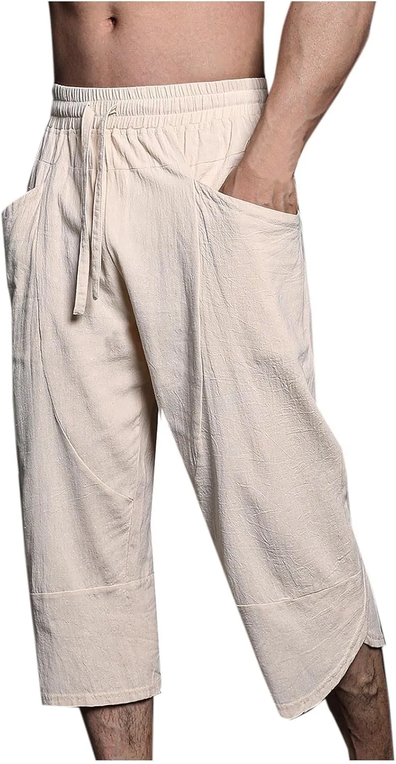 Mens Linen Capri Pants Summer Baggy Casual Beach Capris Lightweight Solid Drawstring Elastic Waist Yoga Trousers Plus