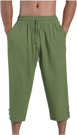 Mens Linen Capri Pants Summer Baggy Casual Beach Capris Lightweight Solid Drawstring Elastic Waist Yoga Trousers Plus