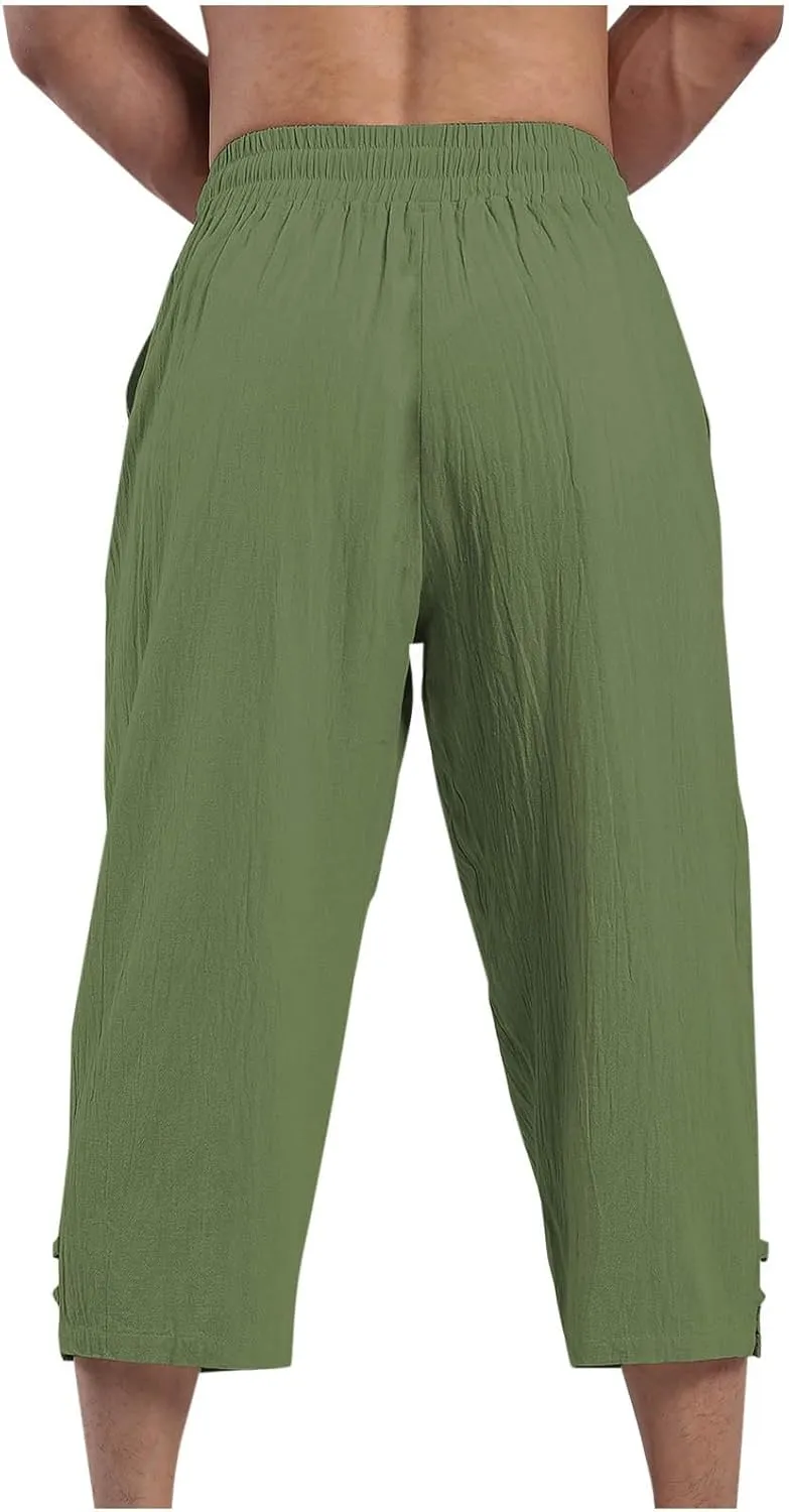 Mens Linen Capri Pants Summer Baggy Casual Beach Capris Lightweight Solid Drawstring Elastic Waist Yoga Trousers Plus